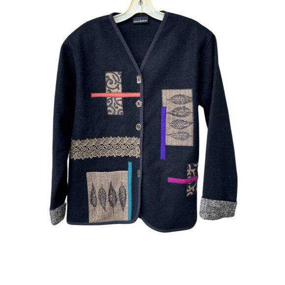 Lynn Murray Black Felt Wool Colorful Wearable Art Applique Patches Jacket Coat M - Picture 8 of 16